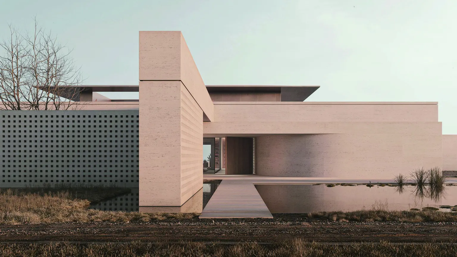 A low stone-clad building elevation with a reflecting pool, used as the visual for the brand introduction section