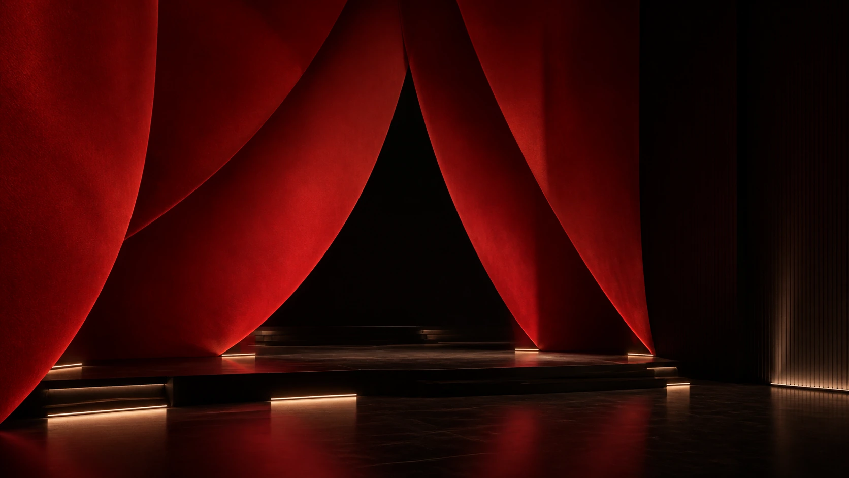 Concept image of vermilion curtains, an entrance platform and low lighting, not an actual venue