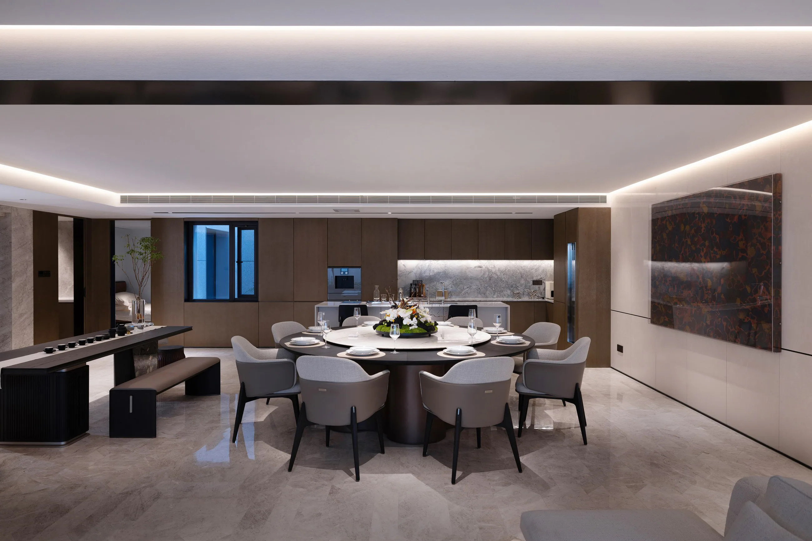 POSEENA dining, tea and kitchen spaces connected as one interior
