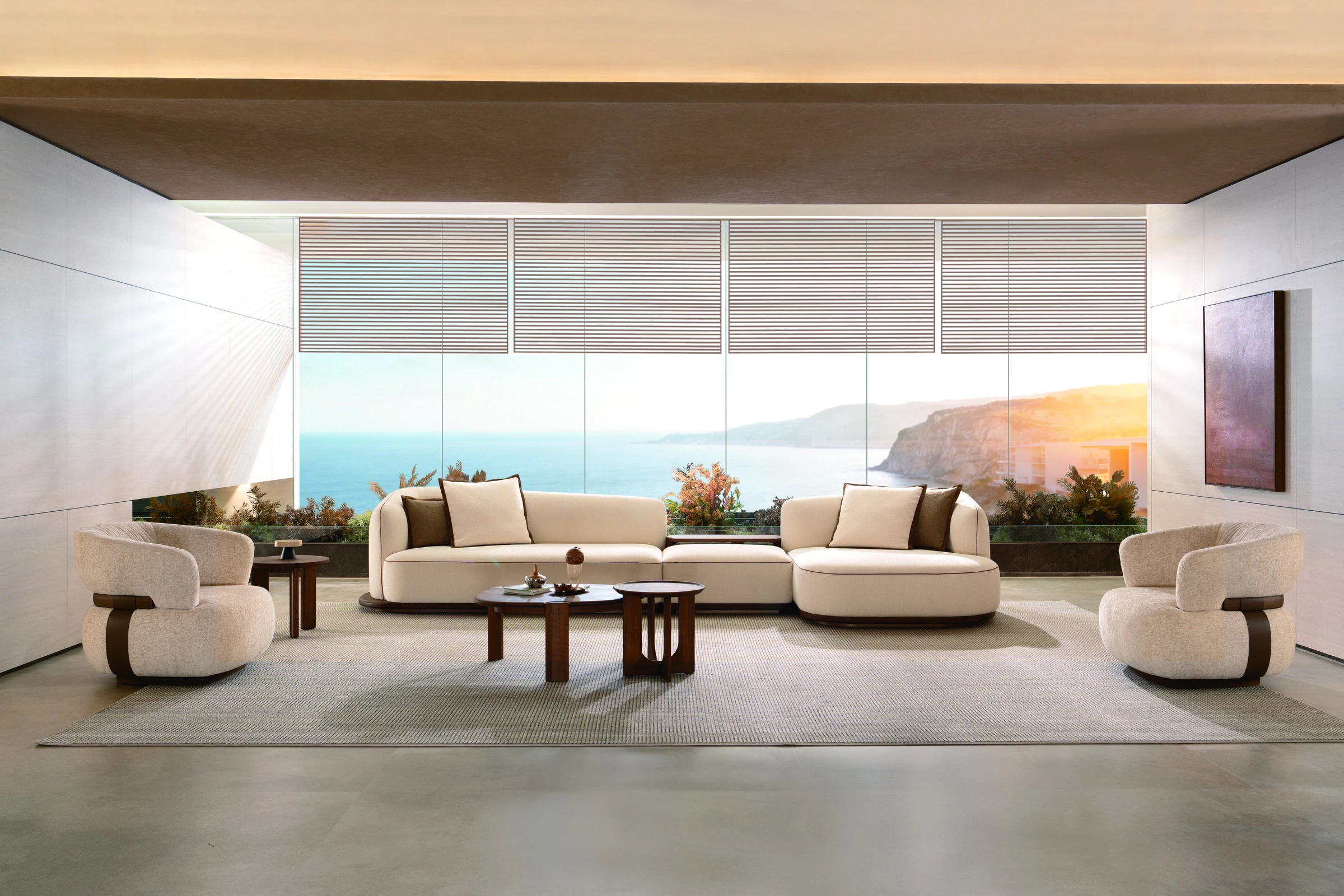 Sofas, lounge chairs and coffee tables in a coastal living room