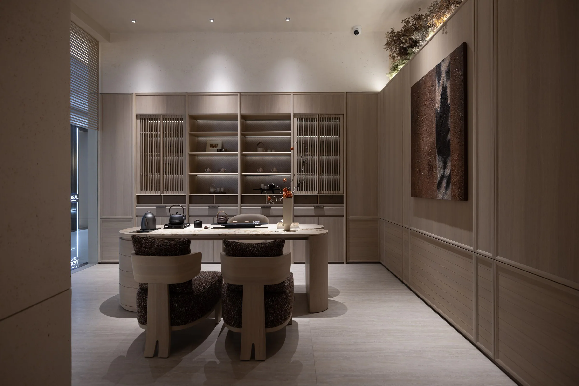 Interior with integrated storage and a tea table