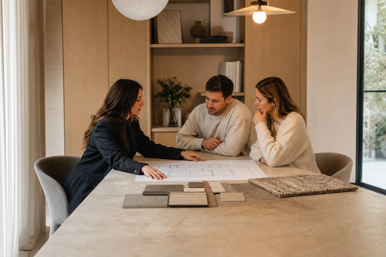 A consultant and clients reviewing a floor plan and material samples